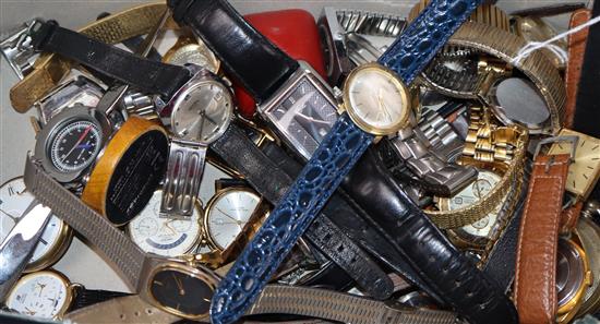 A large collection of assorted ladys and gentlemans wrist watches including Roamer, Rotary and Avia and two pocket watches.